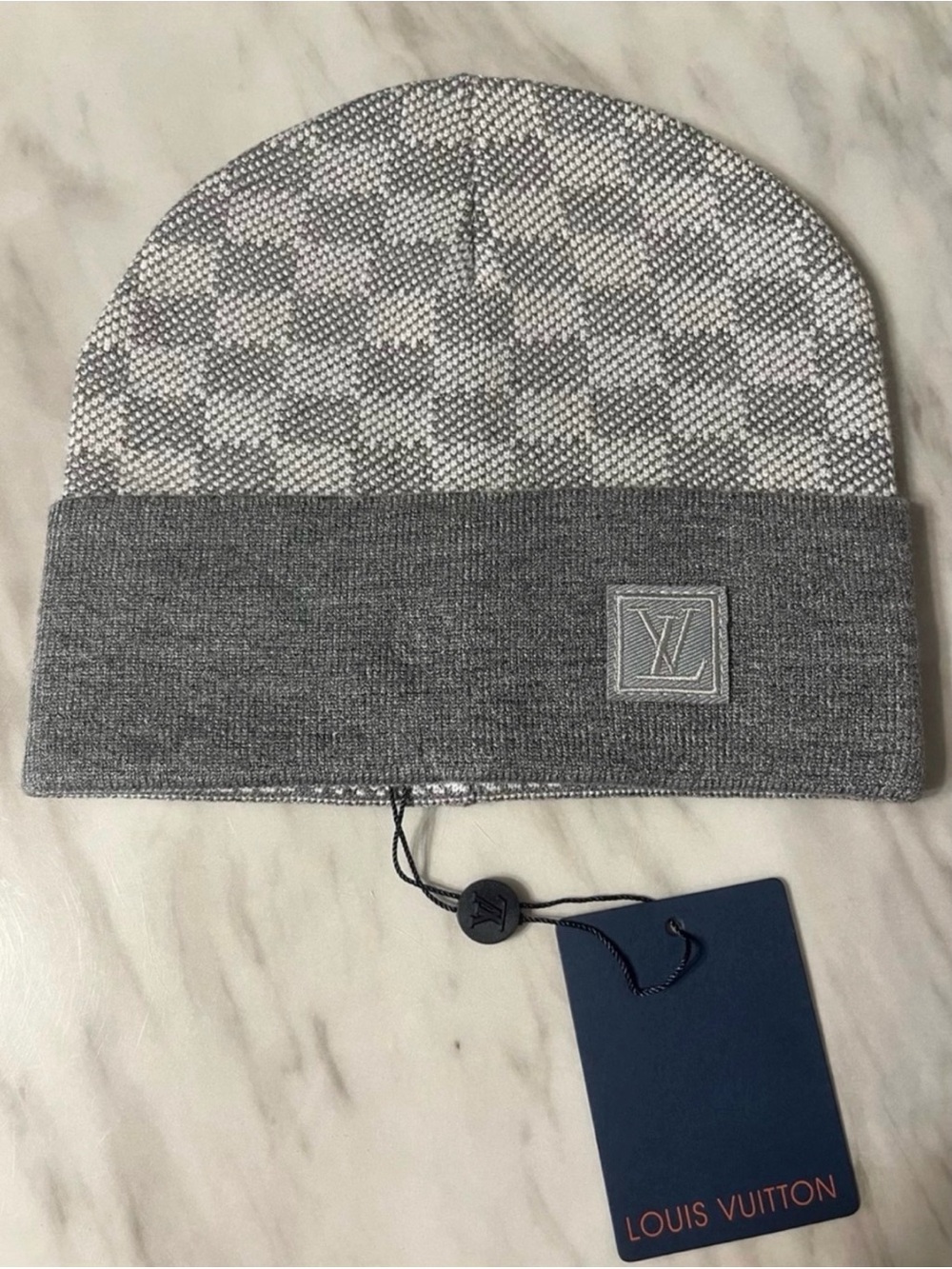 Louis Vuitton Gray Checkerboard Knit Cuff Beanie